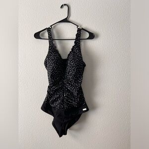 Lascana Women’s V neckline, One Piece Swimwear, Size L, Black Polka Dot.